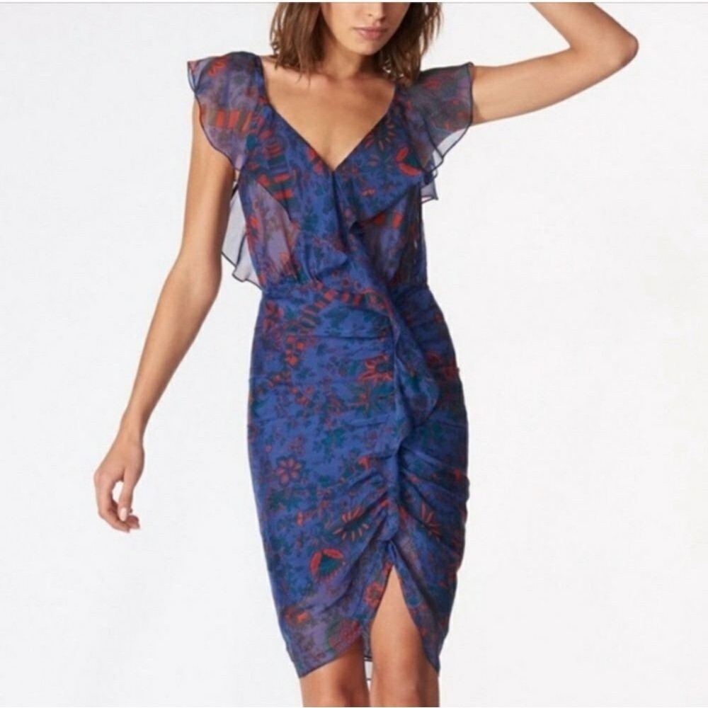 Veronica Beard Blue Floral Ruffle Wrap Mini Dress with Red Accents